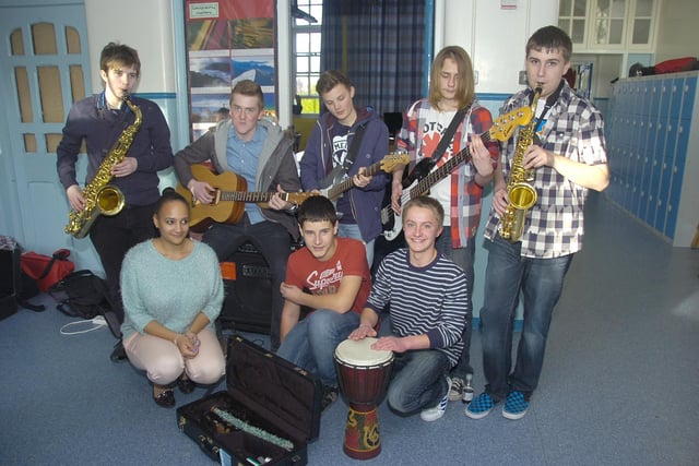 Boston Grammar School pupils raising funds for Chidren in Need by busking in the corridors. Pictured (from left, back) are Matt Wearden, 14, Peter Neal, 17, Harry Tebbutt, 17, Jakub Zimoch, 14, Triston Martin, 14, (front) Shona Chitauro, 18, Nathan Derby, 14, and John Lisle, 16.