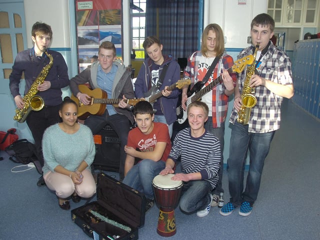 Boston Grammar School pupils raising funds for Chidren in Need by busking in the corridors. Pictured (from left, back) are Matt Wearden, 14, Peter Neal, 17, Harry Tebbutt, 17, Jakub Zimoch, 14, Triston Martin, 14, (front) Shona Chitauro, 18, Nathan Derby, 14, and John Lisle, 16.