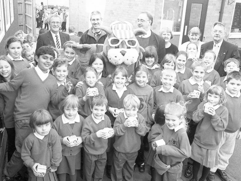 St Thomas' Primary School, Boston, marking the return of the Milk in Schools Scheme. Also pictured is Mike Baggaley, of Lincoln Co-operative Dairies, and the scheme's mascot Kool Kat.