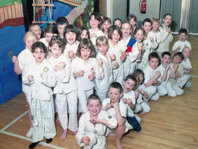 The first of two dance troupes from Boston's Staniland Primary School that took part in Spalding's annual dance festival that year. This ensemble performed a kung fu-themed routine.
