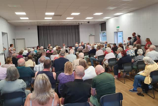 The packed and highly-charged meeting at Heckington Village Hall.