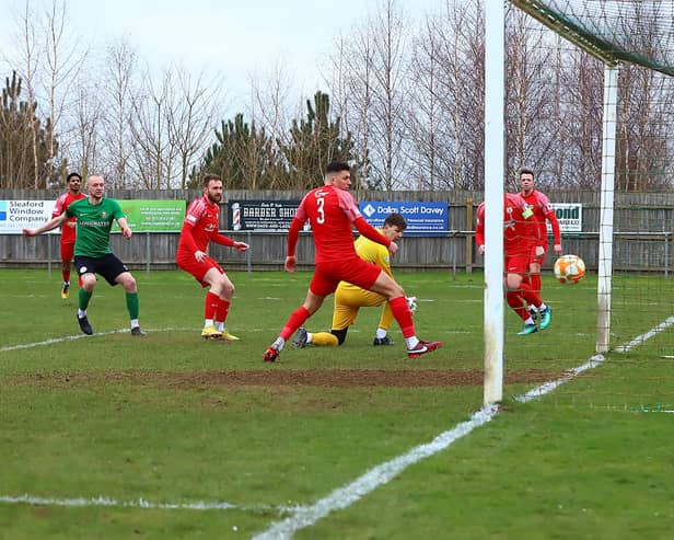 Ryan Rushen (left) fires home the opening goal. Photo: Steve W Davies Photography.