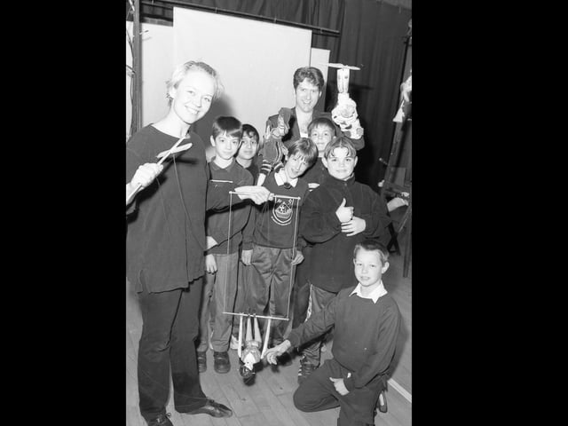 Pupils at St Nicholas' Primary School, Boston, taking part in a puppet workshop. Pictured are Year Six youngsters with Mark Whitaker and Anne Rautiainen, of Norwich Puppet Theatre.