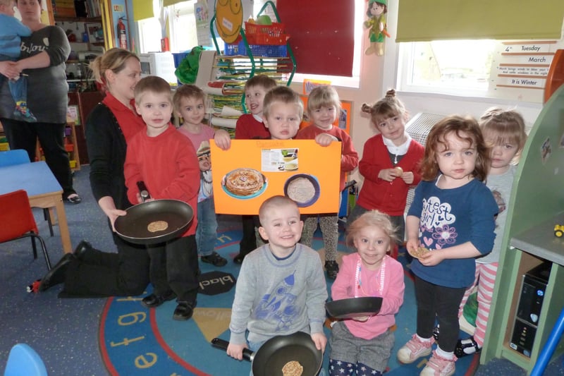 Children at Caistor's Rainbow Pre-School celebrating Pancake Day 2014.
