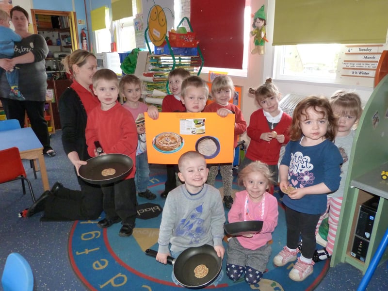 Children at Caistor's Rainbow Pre-School celebrating Pancake Day 2014.