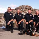 Back from the quake zone in Morocco - from left - firefighters Ben Clarke, Barren Burchnall, Karl Keuneke and Neil Woodmansey, with Colin the search dog.
