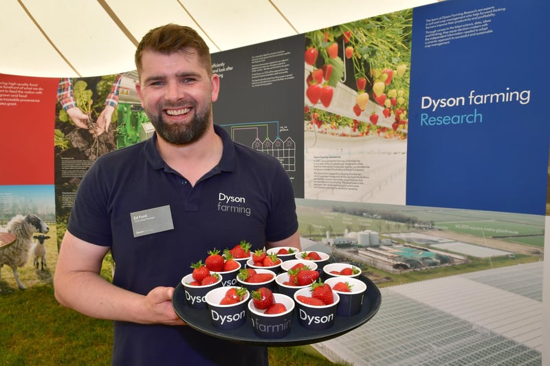 Ed Ford, Technology Manager at Dyson Farming, with strawberries grown at Carrington.