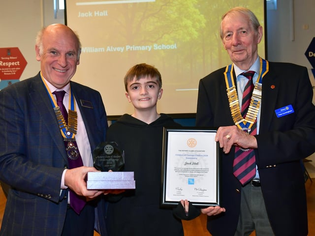 Jack Hall being presented his award by Rotary presidents L-R Keith Phillips and Peter Cunningham. Photo: David Dawson