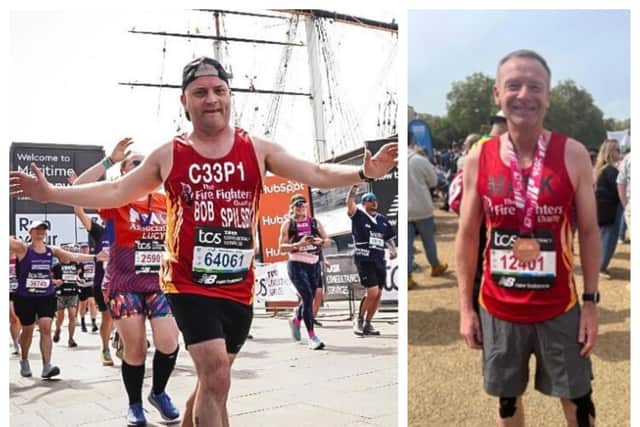 'We did it!': Spilsby firefighters Robert Green {left} and Chief Fire Officer Mark Baxter celebrating their success in  the London Marathon.
