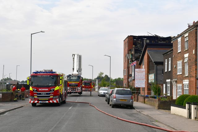 One of the two aerial appliances that responded to the fire can be seen here, with its stabilisers deployed.