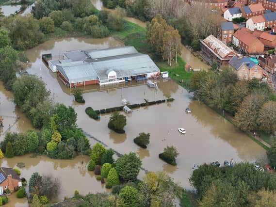An aerial photo by Kurbia Aeria showing the flooding in Horncastle caused by Storm Babet.