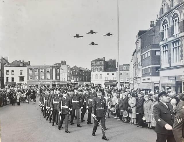One of the best-timed photographs in our archives ... a scene from RAF Coningsby's Freedom of Borough parade of 1981.