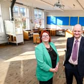 Principal Emma Ricketts and Trust CEO Martin Brown inside one of the four, tired science classrooms that is to have an overhaul.