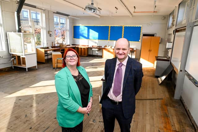 Principal Emma Ricketts and Trust CEO Martin Brown inside one of the four, tired science classrooms that is to have an overhaul.