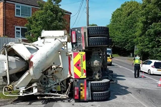 A cement truck overturned on the A16 bend at East Keal, on May 22, 2026. Photo: ugc