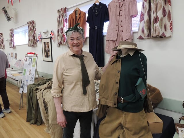 Tamson Hiles in Land Army costume, put on a display about 1940s clothes and rationing in the Scopwick VIllage Hall with her mum Su Hiles.