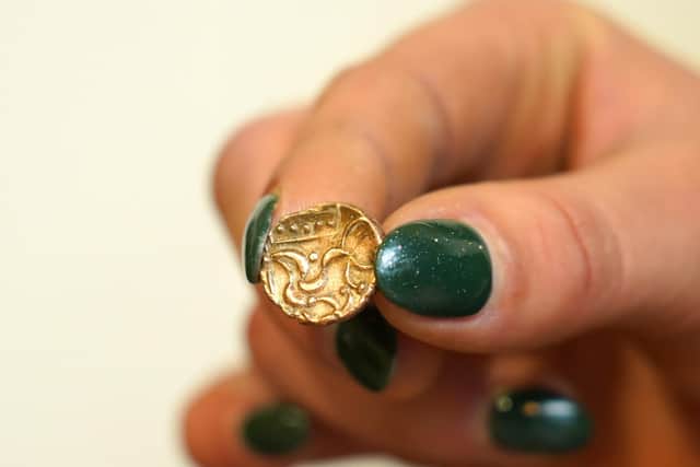 A close up of the gold stater showing its rare five dots. Photo: David Duggleby