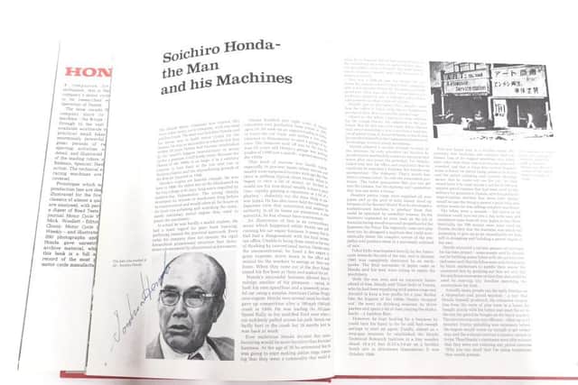 The copy of Honda, signed by Honda Motor Co. founder Soichiro Honda.