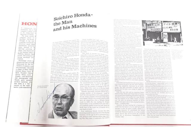 The copy of Honda, signed by Honda Motor Co. founder Soichiro Honda.