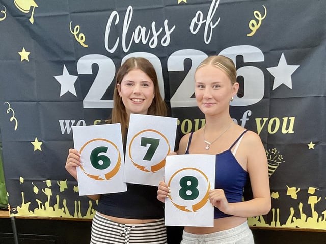 Olivia and Ruby celebrating their results at Yarborough Academy.