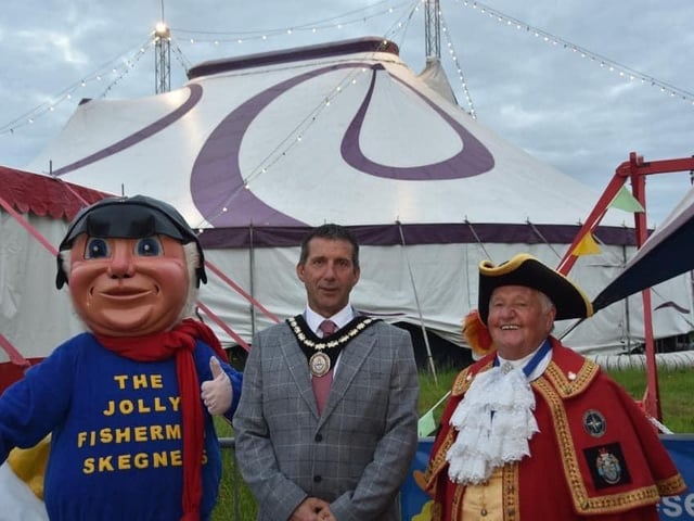 Mayor of Skegness Coun Adrian Findley with the Jolly Fisherman and Mablethorpe Town Crier David Summers.
