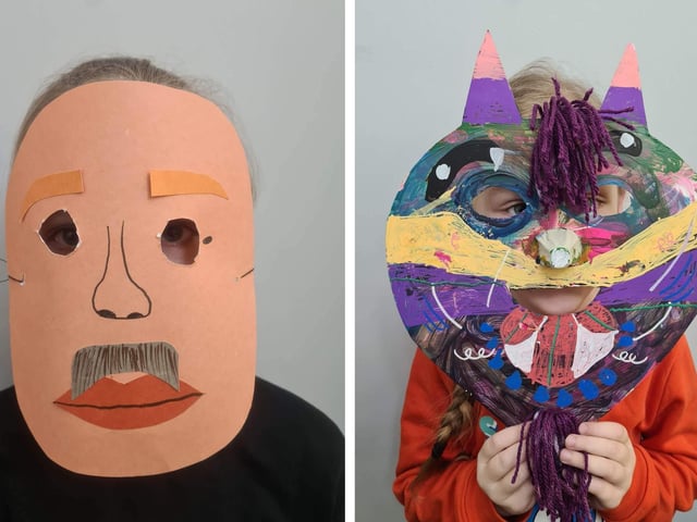 Two of the masks made by Lithuanian children in Boston for the upcoming festival.