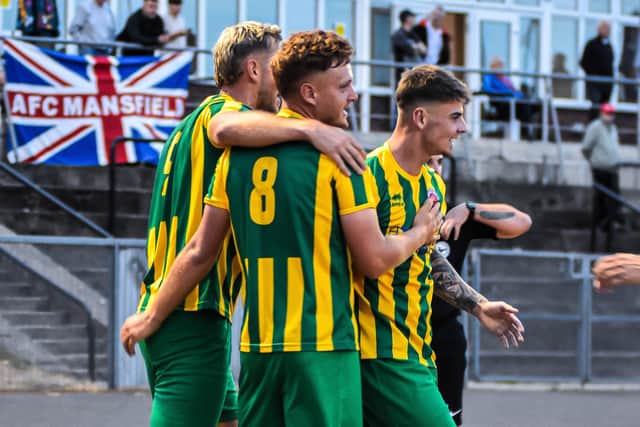 Lucas Dakin scores for Skegness at AFC Mansfield. Photo by Ryan Thompson, Happy Snapz Photography