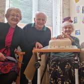 Edith Hill (centre) celebrating her 104th birthday with (from left) niece Ann Turner with husband John, great-niece Claire Hutchinson and the Mayor of Skegness Coun Tony Tye.