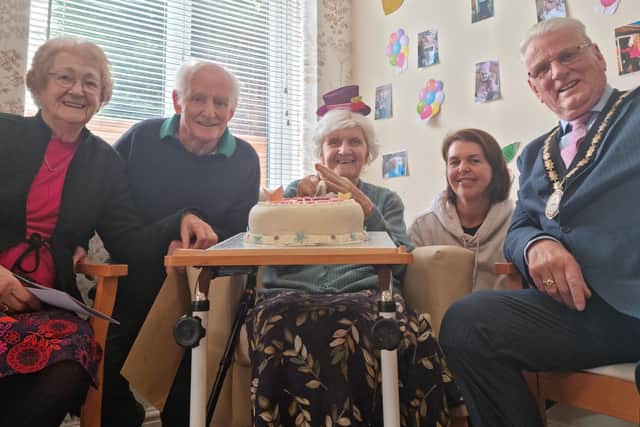 Edith Hill (centre) celebrating her 104th birthday with (from left) niece Ann Turner with husband John, great-niece Claire Hutchinson and the Mayor of Skegness Coun Tony Tye.