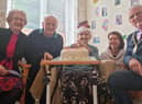 Edith Hill (centre) celebrating her 104th birthday with (from left) niece Ann Turner with husband John, great-niece Claire Hutchinson and the Mayor of Skegness Coun Tony Tye.