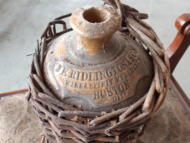 Found in the tunnel, the bottle reads J. E. Ridlington & Son, Wine & Spirit Merchants, Boston, Gall. The Ridlington's name dates back to the early 18th century. It was originally based in South Street and as well as being a wine merchant it was also a ship chandlers and coal merchant. It was later based in Sibsey Lane, but that site closed in 2010.