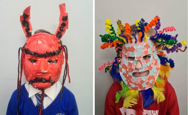 Two of the masks made by Lithuanian children in Boston for the upcoming festival.