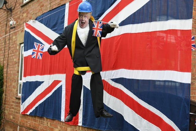 David and Denise Lee created his humorous scarecrow recreation of when Boris Johnson got stuck on a zip wire at the Olympic Park in 2012.