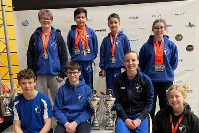 Team Evolution Martial Arts at the Dutch Open European Cup. Back Left to Right: Olivia Green, Theo Ziobro-Magalhaes, Blake Calisto and Emily Greatrix. Front Left to Right: Andrew Gregory, Jack Greatrix, Nesta Baxter and Emily Gregory.