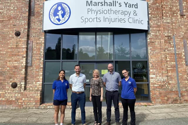 Shannon Day, Steven Speers, Helen Skidmore, Eddie Whiting and Kaitlyn Marcus outside Marshall’s Yard Physiotherapy & Sports Injuries Clinic