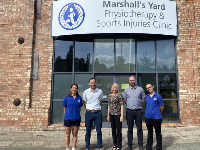Shannon Day, Steven Speers, Helen Skidmore, Eddie Whiting and Kaitlyn Marcus outside Marshall’s Yard Physiotherapy & Sports Injuries Clinic