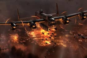 207 Sqn Lancasters bombing Berlin in late 1943. Artwork by Adam Tooby.