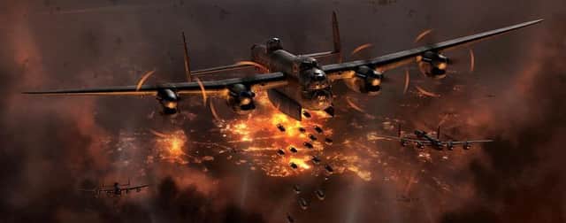 207 Sqn Lancasters bombing Berlin in late 1943. Artwork by Adam Tooby.