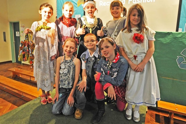 Pupils at Lacey Gardens School, in Louth, held a fashion show 10 years, showcasing outfits made of items from the recycling bin. Pictured are Ebony Winfarrah, Sophie Cartwright, Bailey Cameron, Megan Swallow, Daisy Jones, Phebe Rose Crashley-Bertram, Adrian Carden and Anna Levison.