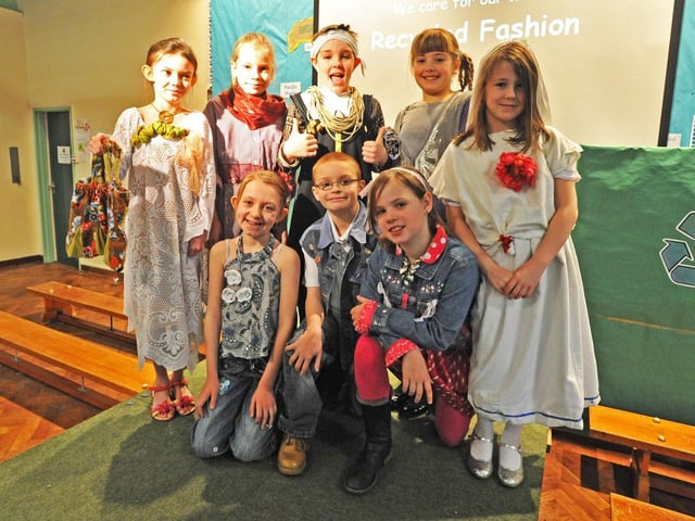 Pupils at Lacey Gardens School, in Louth, held a fashion show 10 years, showcasing outfits made of items from the recycling bin. Pictured are Ebony Winfarrah, Sophie Cartwright, Bailey Cameron, Megan Swallow, Daisy Jones, Phebe Rose Crashley-Bertram, Adrian Carden and Anna Levison.