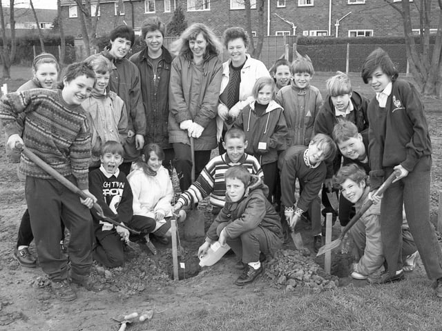 A tree-planting session at Boston's St Nicholas School in early 1994. The pupils, together with staff and parents, planted 200 trees on the school playing fields.