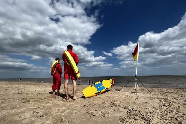RNLI Lifeguards patrolling Skegness beach. The lifeguards have also returned to Mablethorpe with Sutton-on-Sea to follow.
