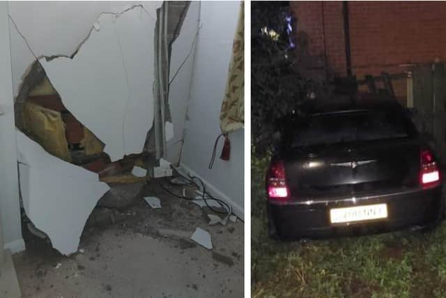 Kevin Martin's abandoned car and the damage done to the wall of the home on Gainsborough Road, Middle Rasen. Photo: Lincs Police