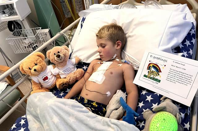 The youngster asleep on the ward following surgery at Leicester Royal Infirmary.