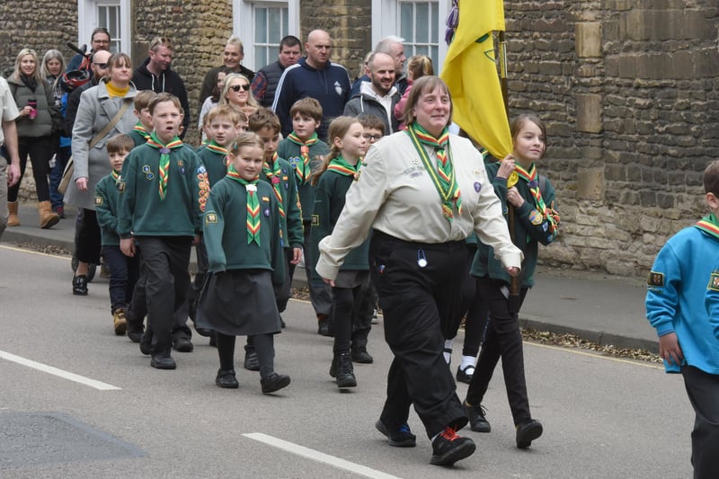Sleaford Group Scout Leader Helen Zealand leads some of her troop down Eastgate in the St George's Day parade. Photo: David Dawson