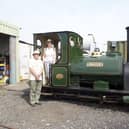 Pam and Roger Biggs on the footplate of the 1903 vintage steam locomotive Jurassic,. Photo: John Raby.