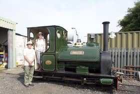 Pam and Roger Biggs on the footplate of the 1903 vintage steam locomotive Jurassic,. Photo: John Raby.
