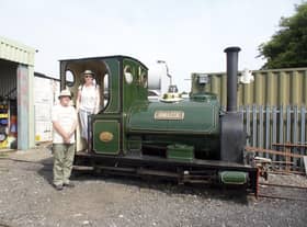 Pam and Roger Biggs on the footplate of the 1903 vintage steam locomotive Jurassic,. Photo: John Raby.