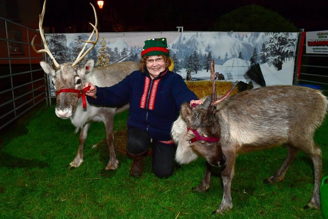 Janet Firminger, with reindeer, at Boston's Christmas Market