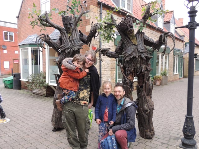 Treemendous megabeasts in Millstream Square with Aaron and Emily Cartwright-Swan and children Lyra, 6, and Reuben, 3, from Newark.
